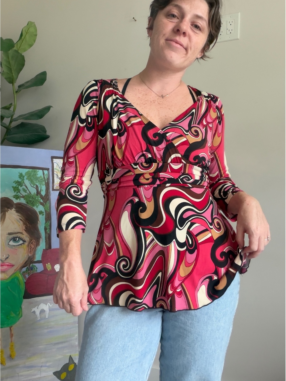 Vintage y2k pink swirl print 3/4 sleeve blouse